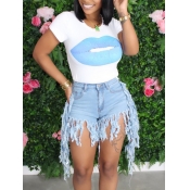 LW Casual O Neck Print Tassel Design Baby Blue Sho