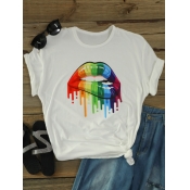 LW Plus Size Leisure O Neck Lip Print White T-shir
