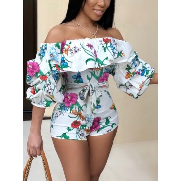 

LW Street Fold-over Floral Print White One-piece Romper
