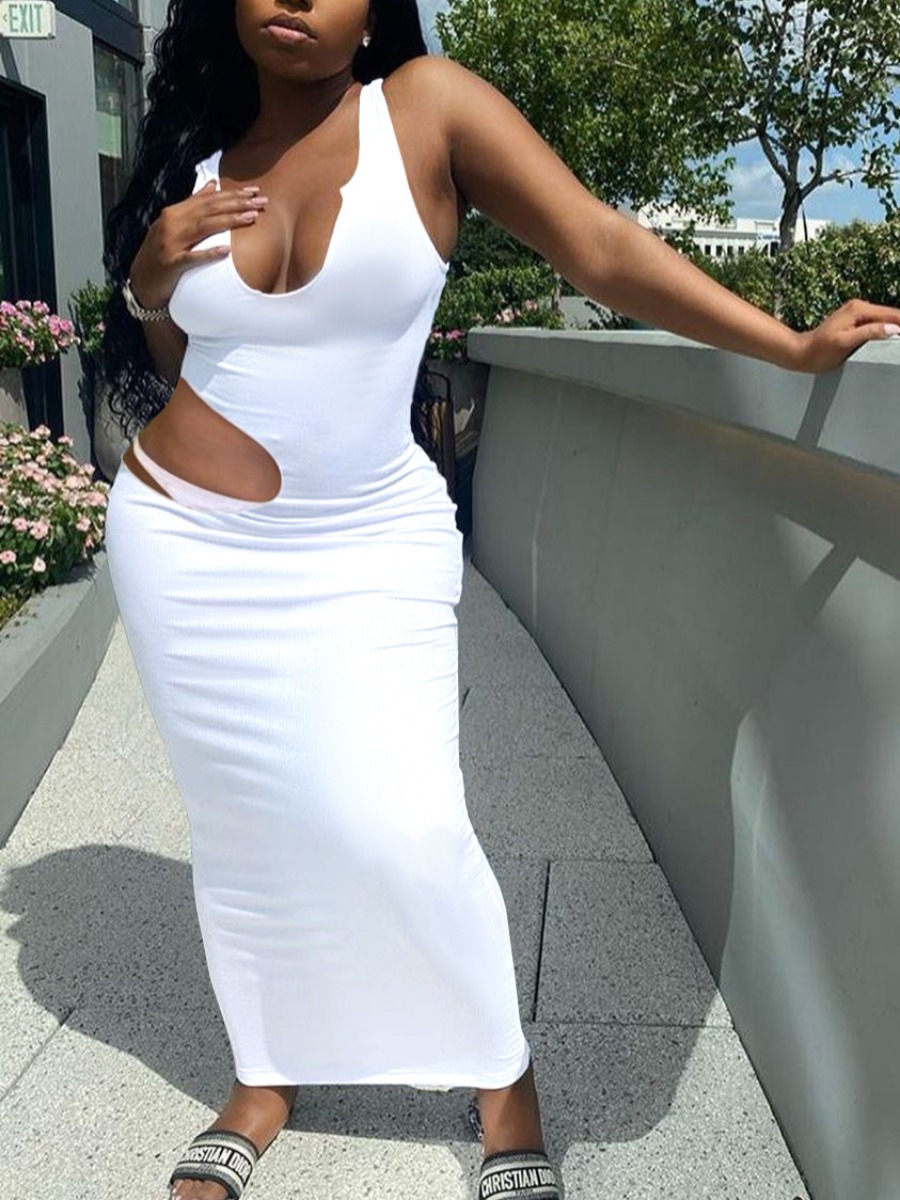 

Lovely Sweet U Neck Hollow-out White Ankle Length Dress