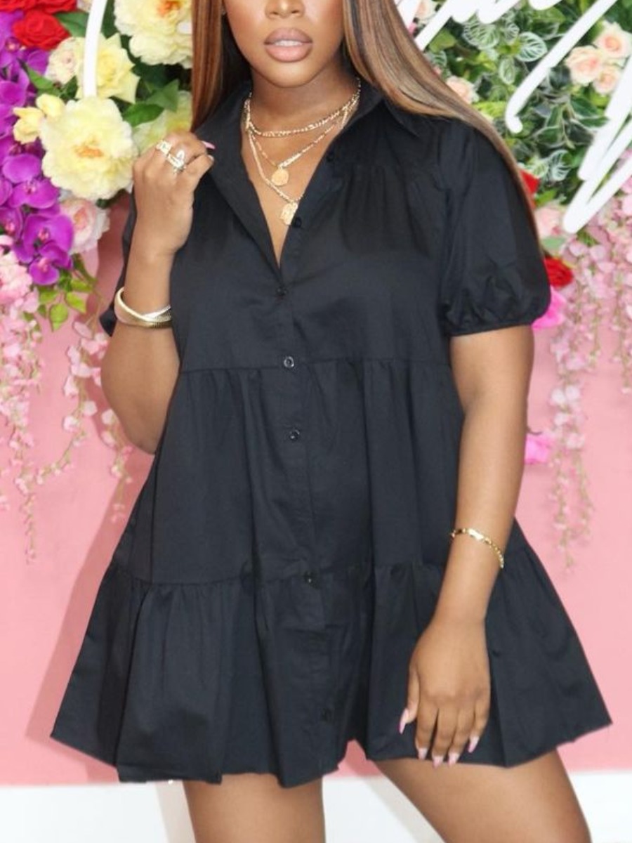 

Lovely Casual Button Ruffle Design Black Mini A Line Dress