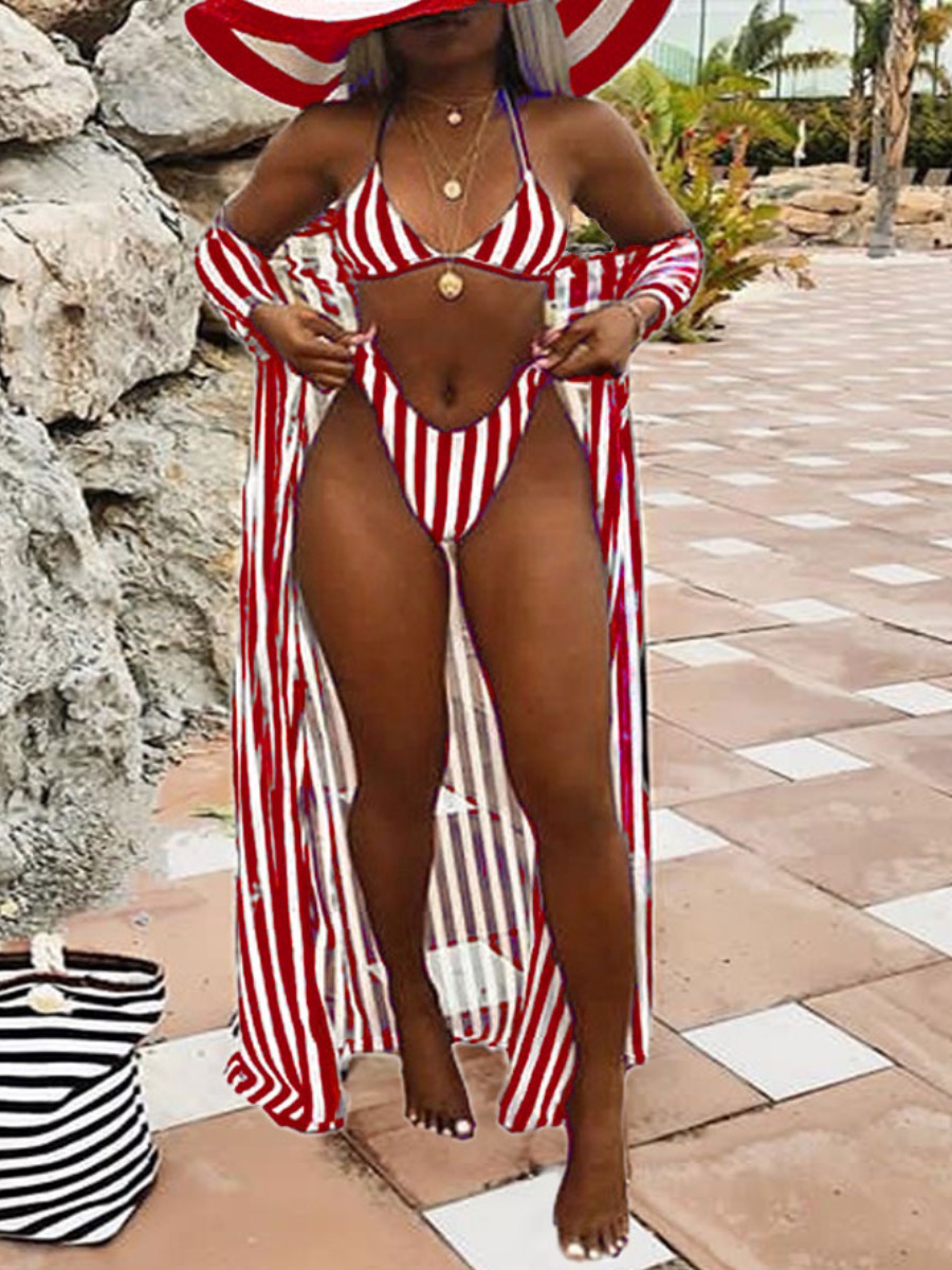 

Lovely Boho Striped Patchwork Red Three-piece Swimsuit