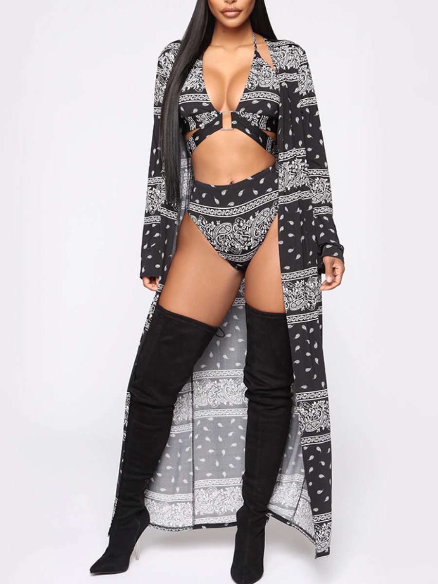 

Lovely Boho Cashew Print Metal Ring Decoration Black Three-piece Swimsuit (With Scarf)