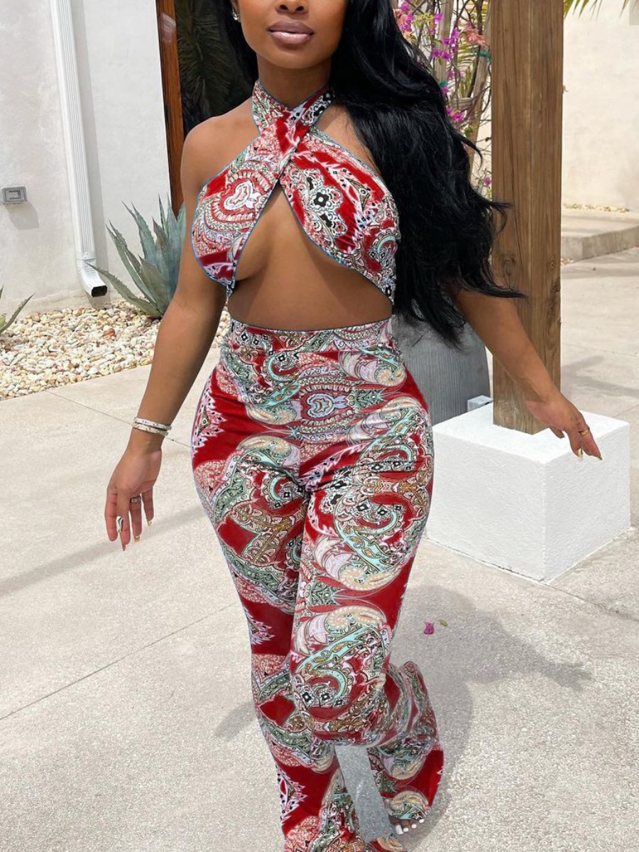 

LW SXY Print Bandage Hollow-out Design Red One-piece Jumpsuit