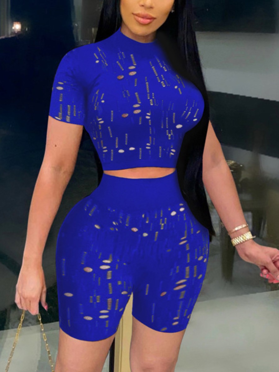 

Lovely Casual Half A Turtleneck Ripped Blue Two Piece Shorts Set