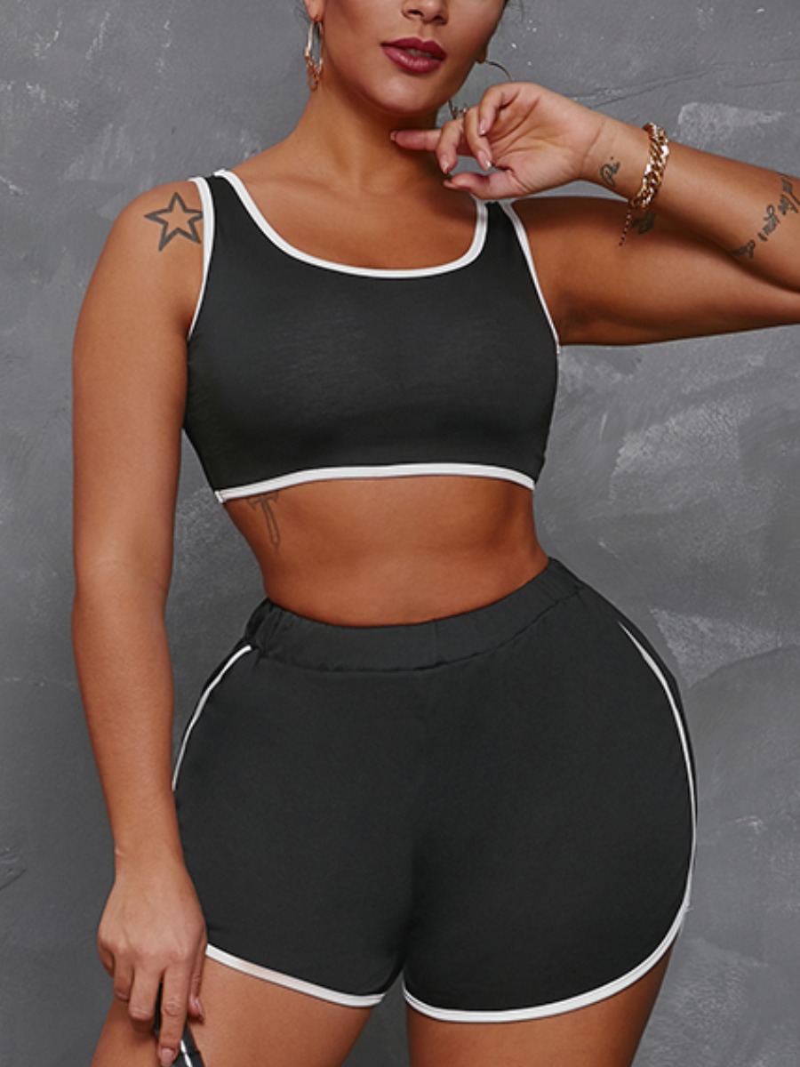 

Lovely Sporty U Neck Striped Black Two Piece Shorts Set