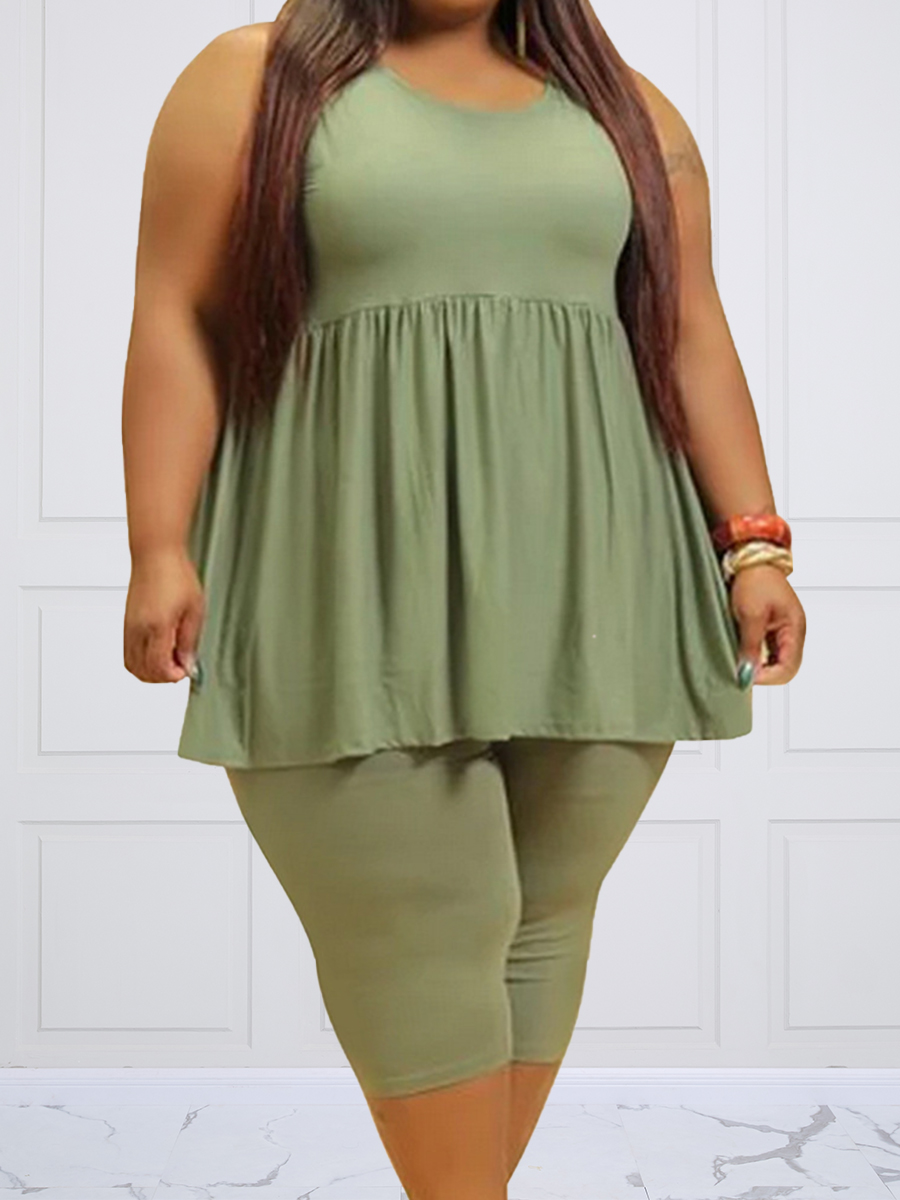 

Lovely Casual O Neck Ruffle Design Green Plus Size Two-piece Shorts Set
