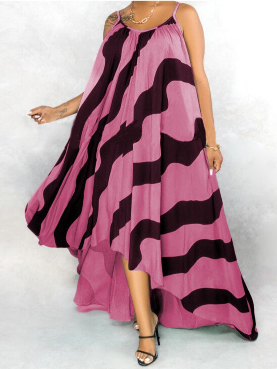 

Lovely Boho Striped Patchwork Rose Red Floor Length Plus Size Dress