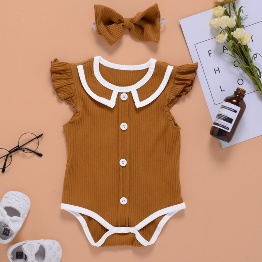 

Lovely Gilr Casual Rib-Knit Flounce Design Yellow One-piece Romper