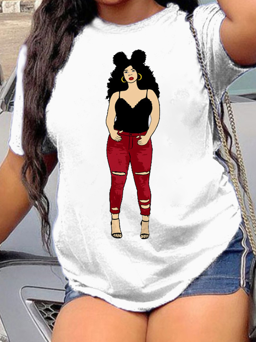 

Lovely Plus Size Street Figure Letter Print White T-shirt