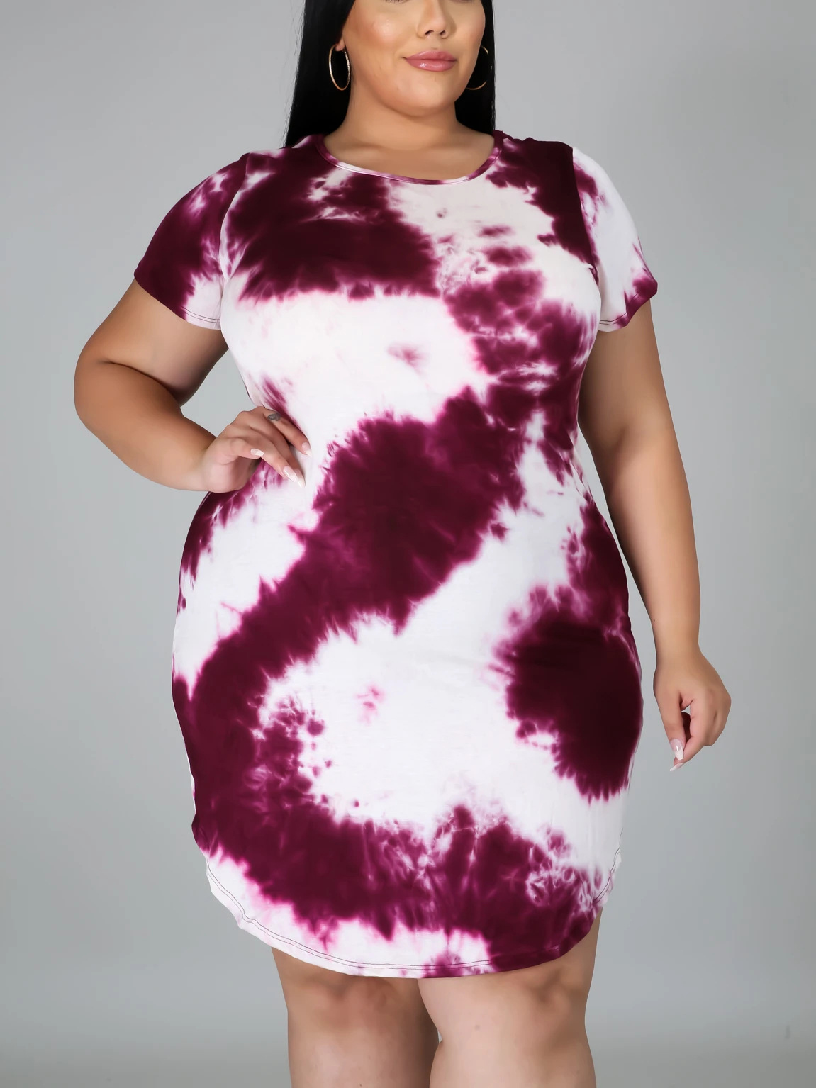 

Lovely Casual O Neck Tie-dye Wine Red Knee Length Plus Size Dress