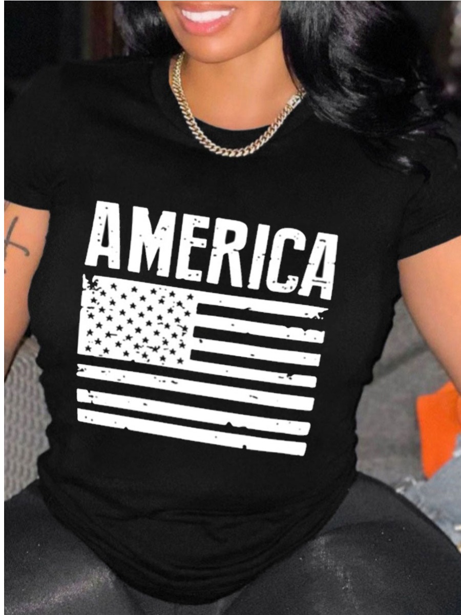 

Lovely Casual American Flag Letter Print Black Plus Size T-shirt