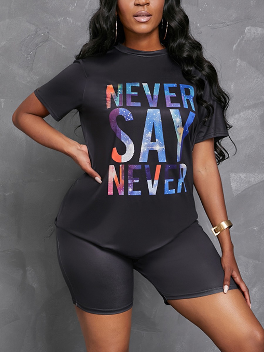 LW Casual Letter Print Black Two-piece Shorts Set