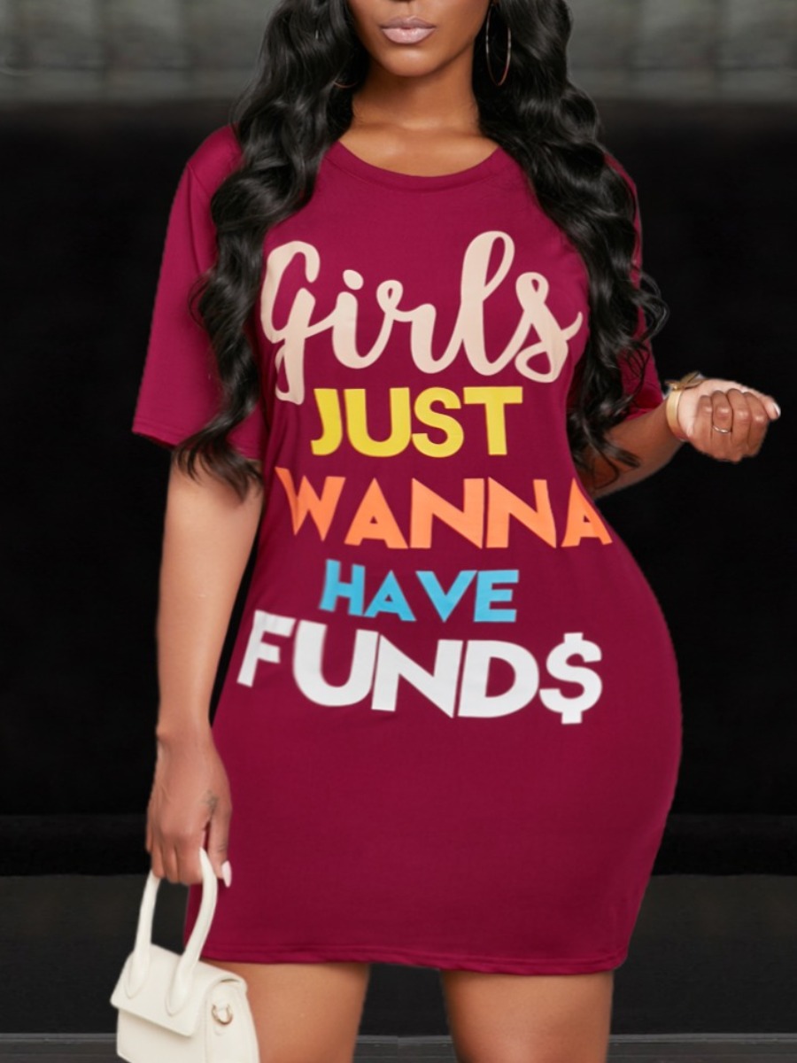 

LW Funds Letter Print Bodycon Dress, Wine red