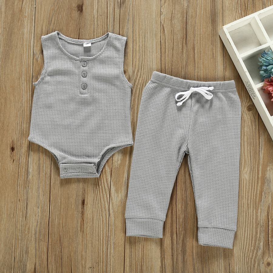 

Lovely Girl Casual Button Design Drawstring Grey Two Piece Pants Set