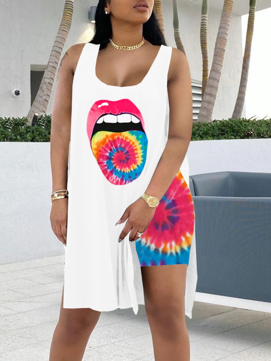 

Lovely Street Lip Print Tie Dye Split Orange Two Piece Shorts Set