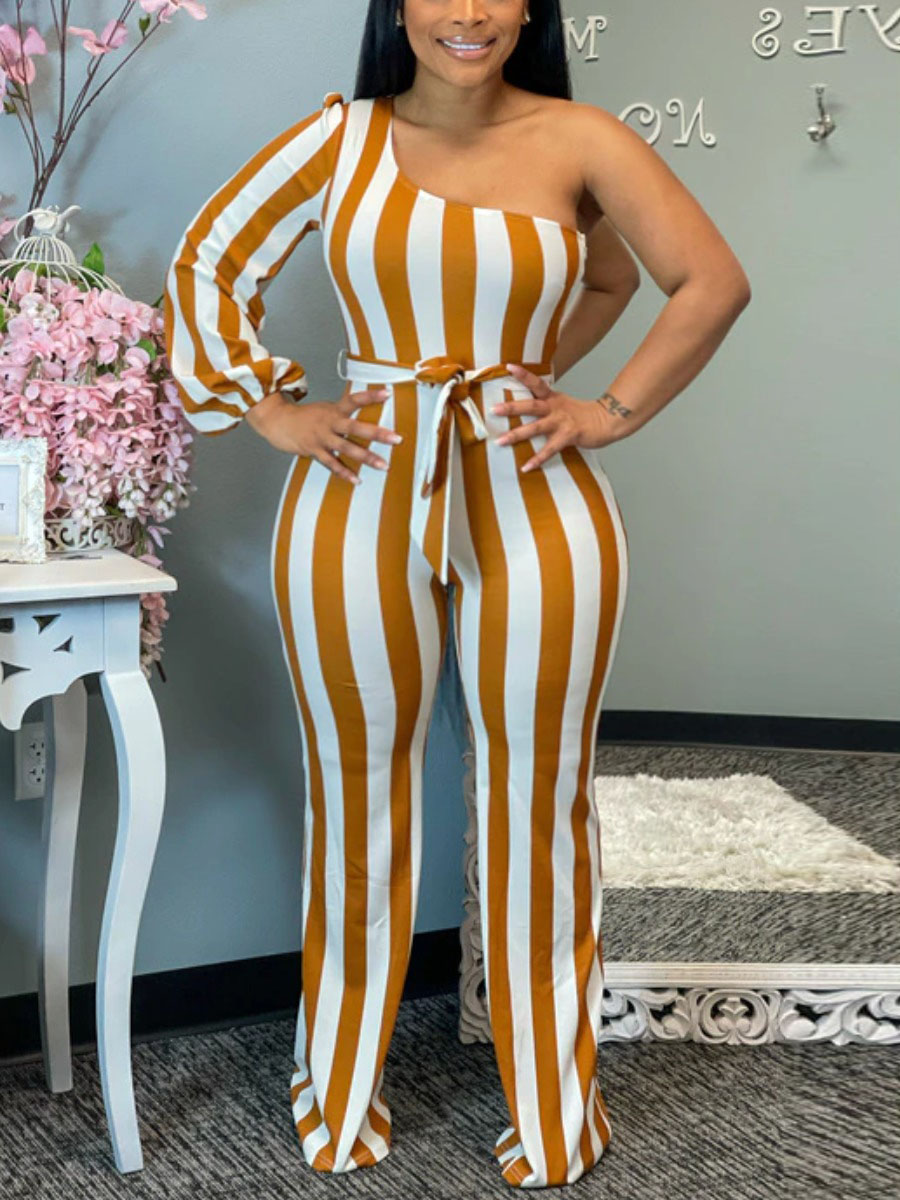 

LW Plus Size Casual One Shoulder Striped Deep Yellow One-piece Jumpsuit