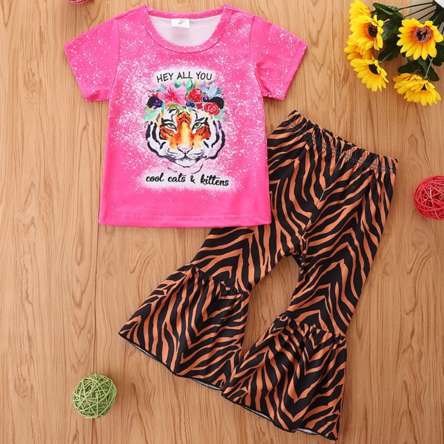 

Lovely Girl Street Flared Tiger Striped Pink Two Piece Pants Set