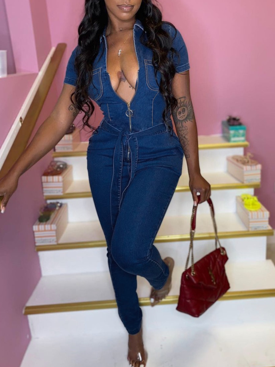 

Lovely Casual Bandage Zipper Design Blue One-piece Denim Jumpsuit