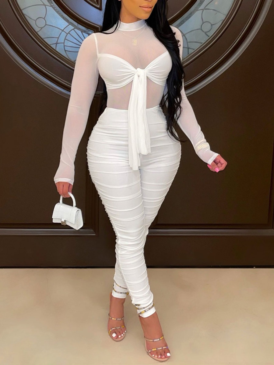 

LW BASICS Plus Size Street See-through Bandage Design White One-piece Jumpsuit