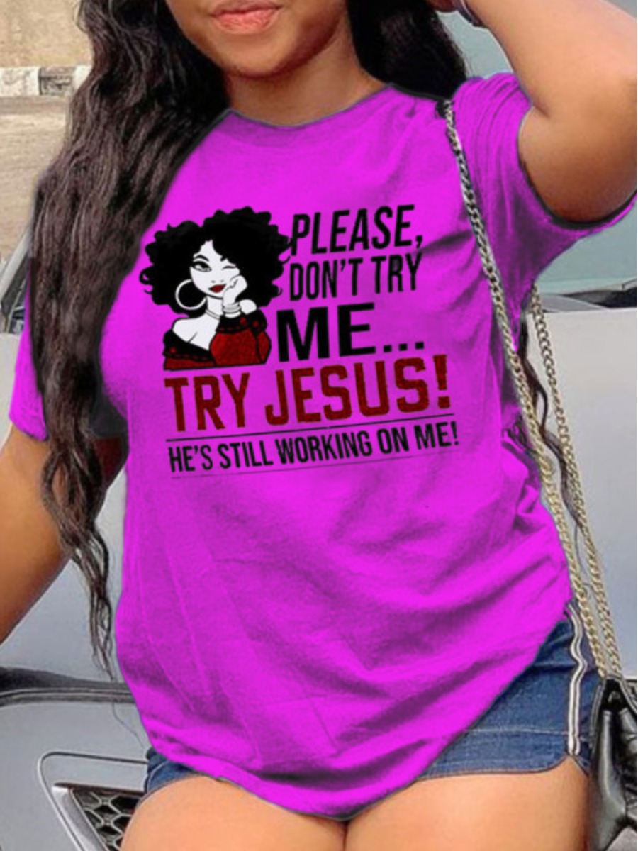

Lovely Plus Size Casual O Neck Letter Print Rose Red T-shirt