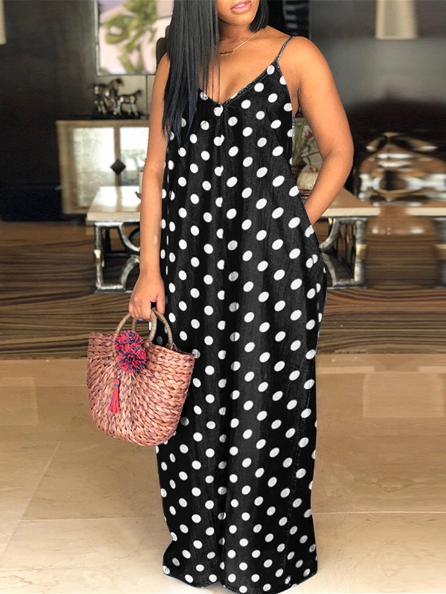 

Lovely Casual V Neck Dot Print Black Floor Length Dress