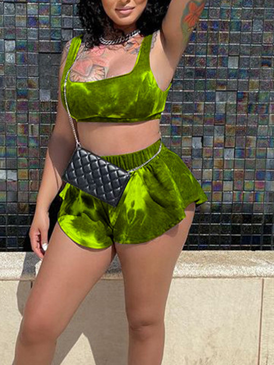 

Lovely Casual U Neck Tie Dye Green Two Piece Shorts Set