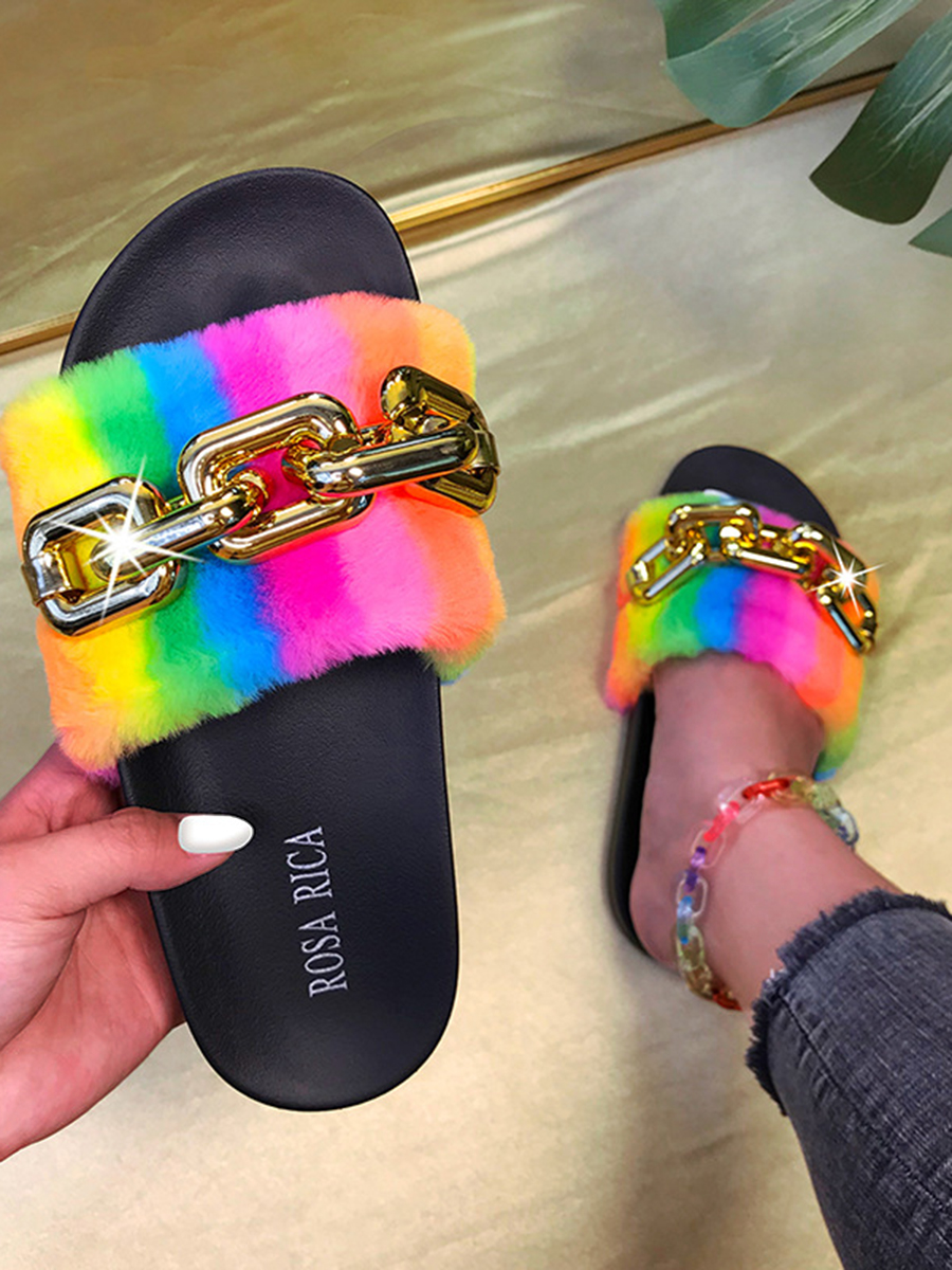 

LW Casual Rainbow Stripe Chain Decoration Black Slippers
