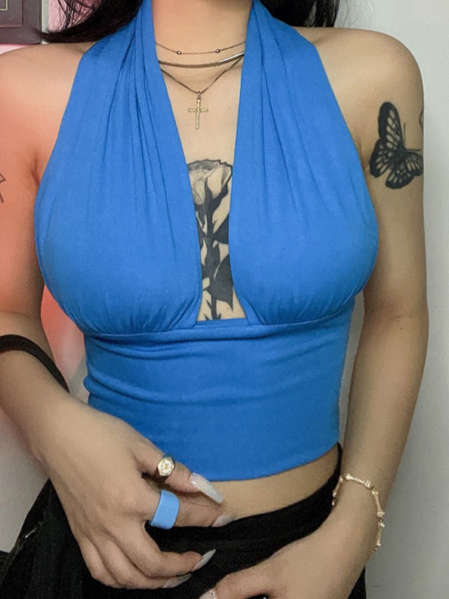 

Lovely Sexy V Neck Backless Blue Camisole