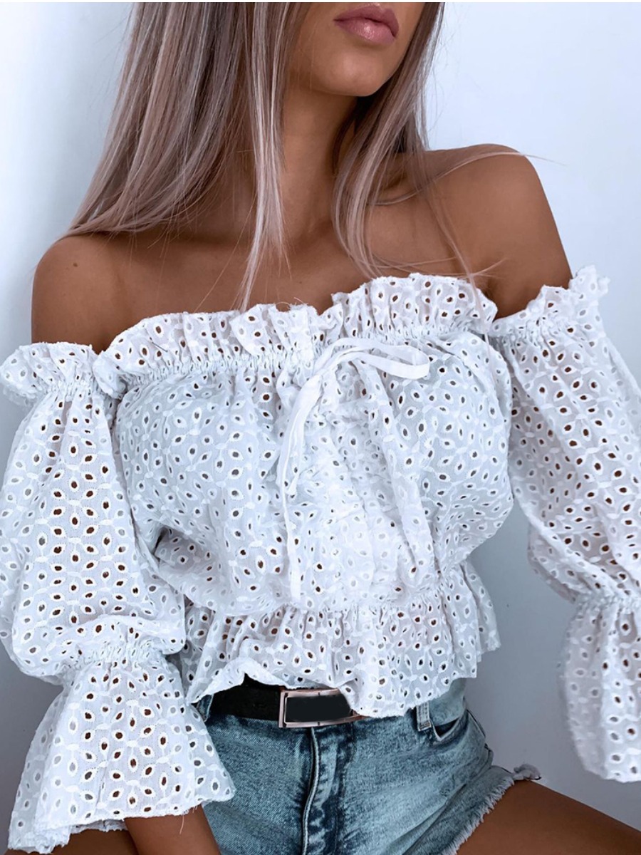 

Lovely Sweet Off The Shoulder Flounce Design White Blouse