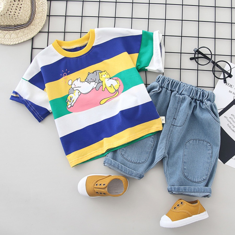

Lovely Boy Casual Cartoon Print Striped Yellow Two Piece Pants Set
