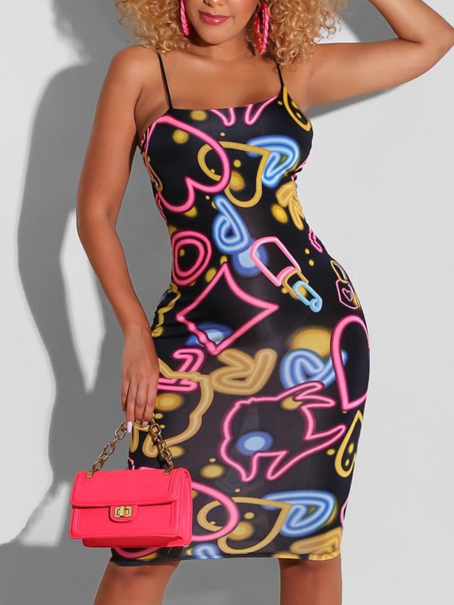 

Lovely Street Heart-shaped Print Patchwork Black Knee Length Dress