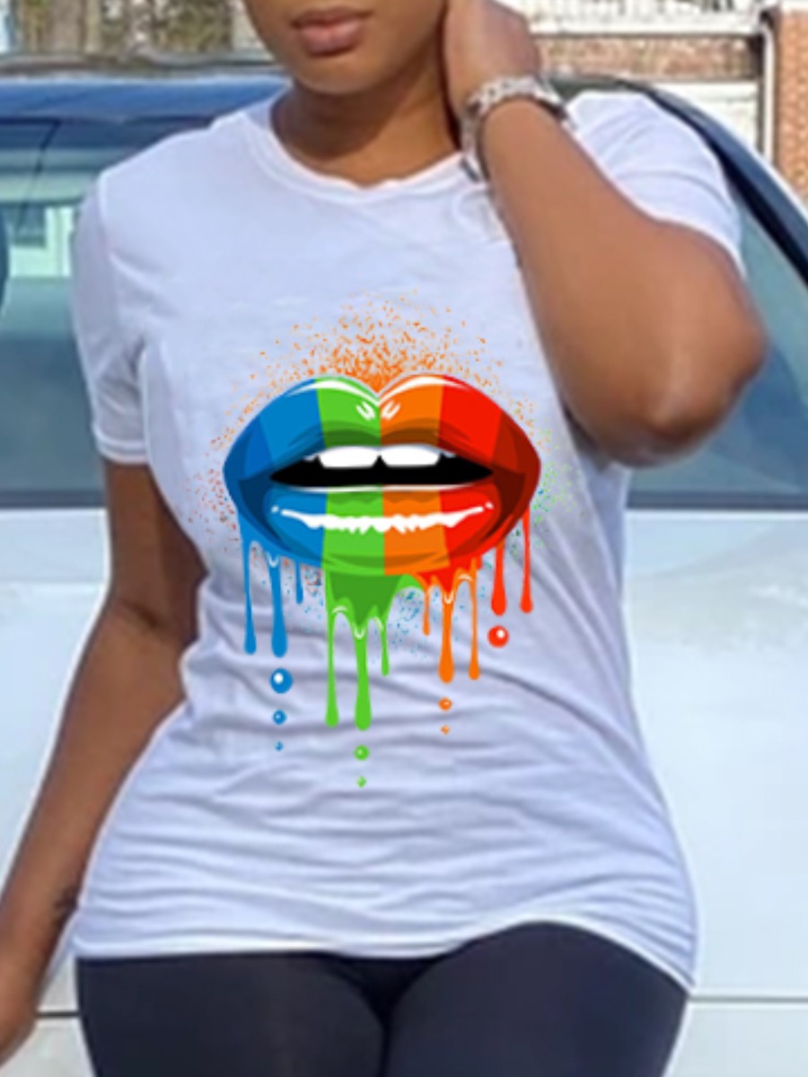 

Lovely Casual O Neck Lip Print White T-shirt