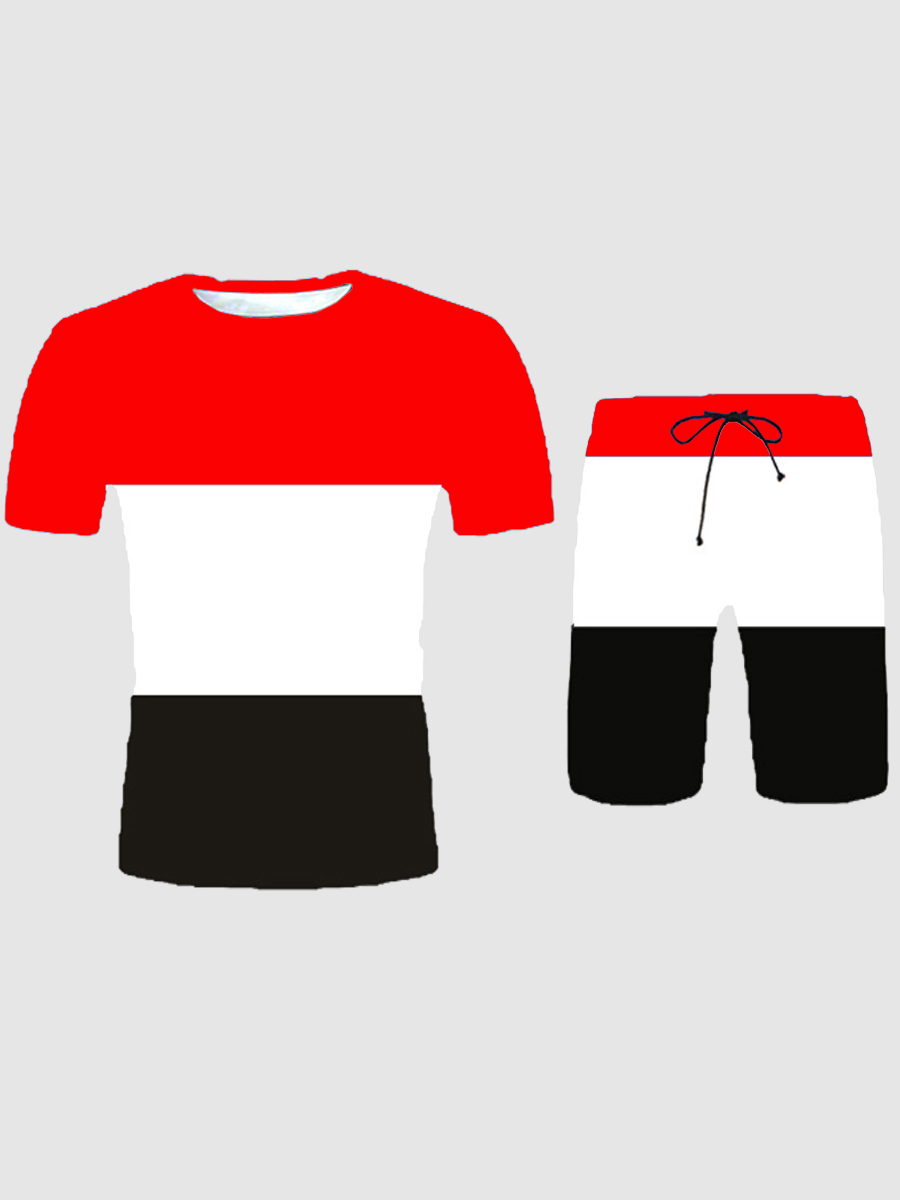 

Lovely Men Sporty Color-lump Drawstring Red Two Piece Shorts Set