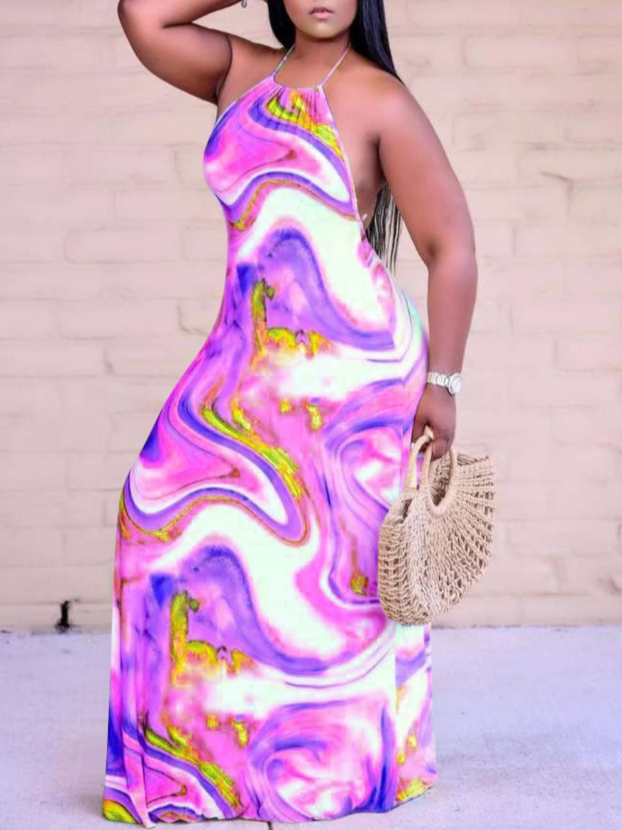 

Lovely Boho Backless Tie-dye Purple Floor Length Dress