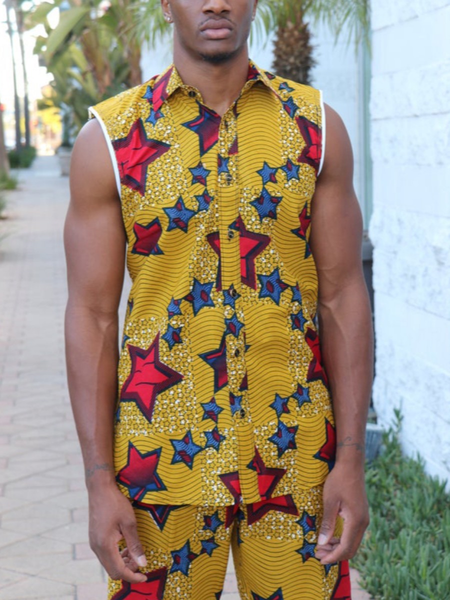 

LW Men Casual Turndown Collar Star Print Yellow Two Piece Shorts Set