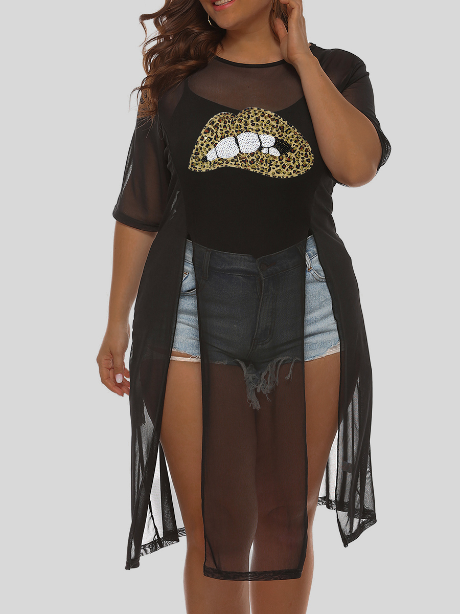 

Lovely Plus Size Boho Lip Print See-through Split Pitch-black T-shirt