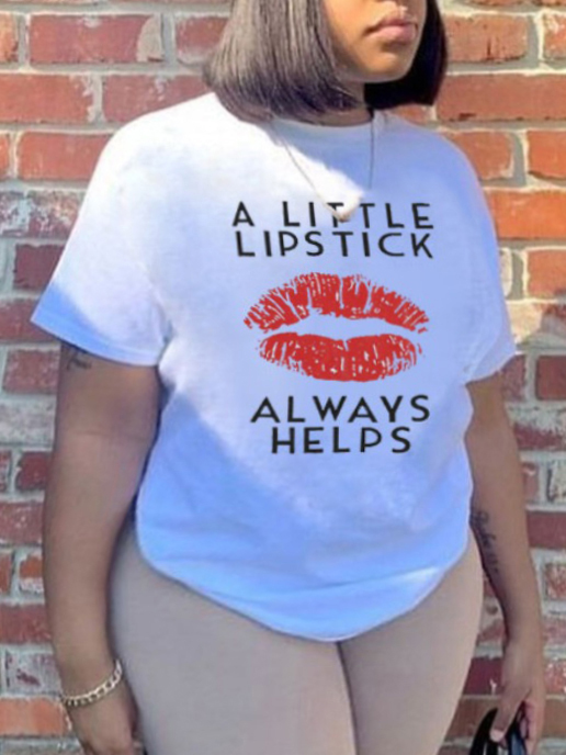 

Lovely Plus Size Casual Lip Letter Print White T-shirt