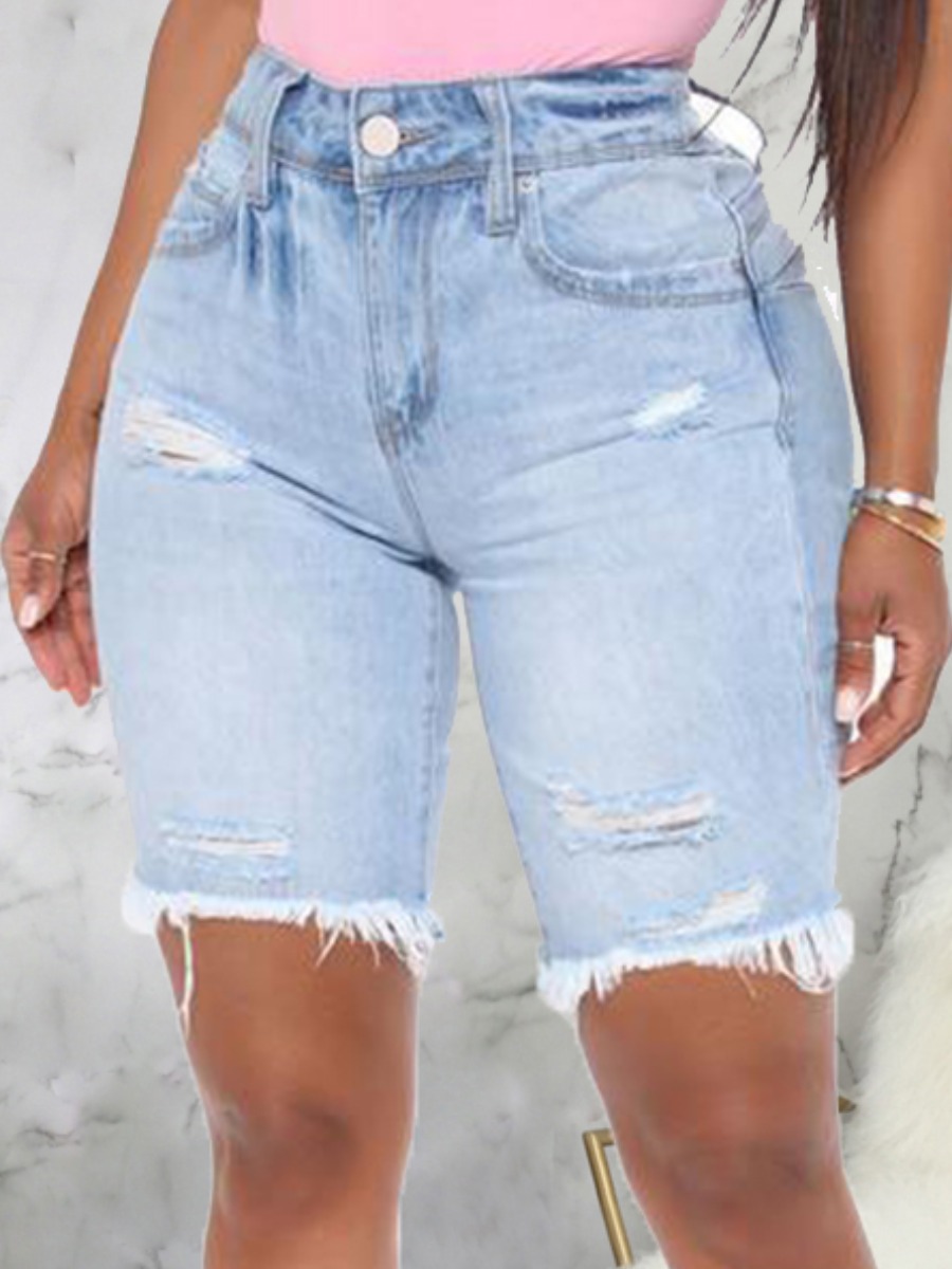 

Lovely Street High-waisted Ripped Baby Blue Denim Shorts