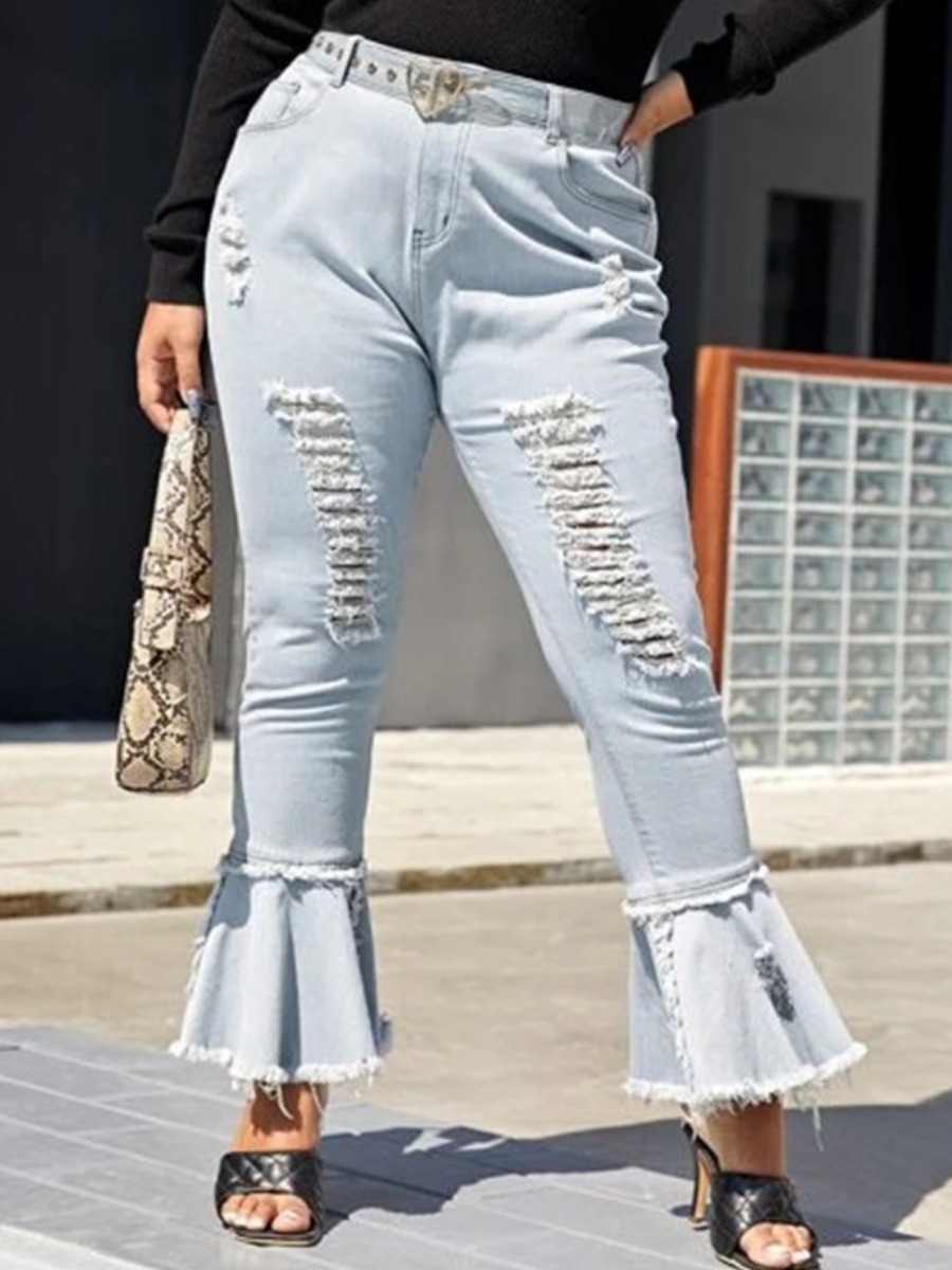 

Lovely Plus Size Street Ripped Flared Raw Edge Baby Blue Jeans