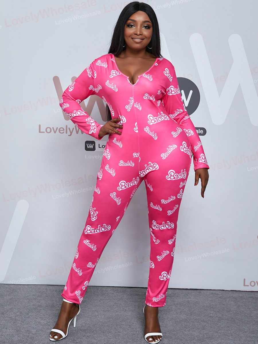 

Lovely Plus Size Sexy V Neck Letter Print Pink One-piece Jumpsuit