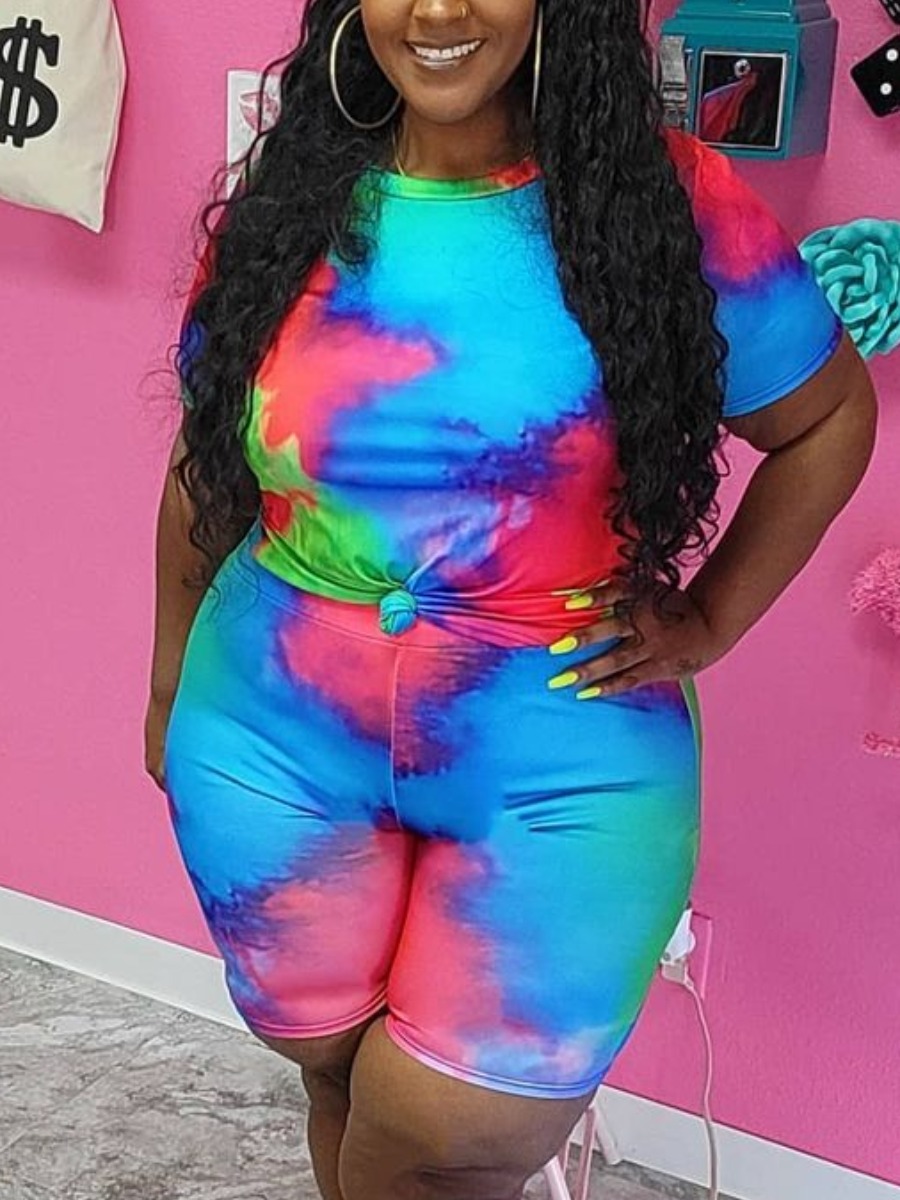 

Lovely Plus Size Casual O Neck Tie-dye Multicolor Two-piece Shorts Set, Multi