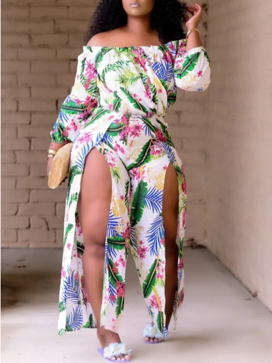 

LW Plus Size Boho Floral Print Split Multicolor One-piece Jumpsuit, Multi