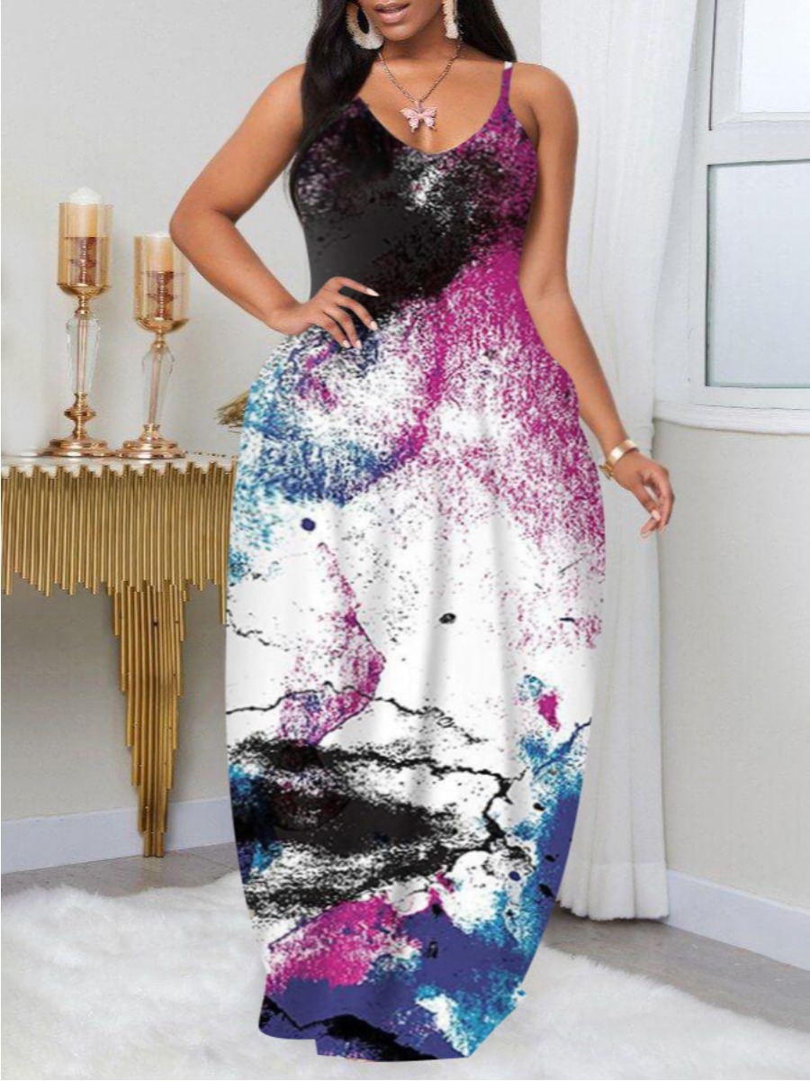 

Lovely Boho U Neck Tie-dye Rose Red Floor Length Dress
