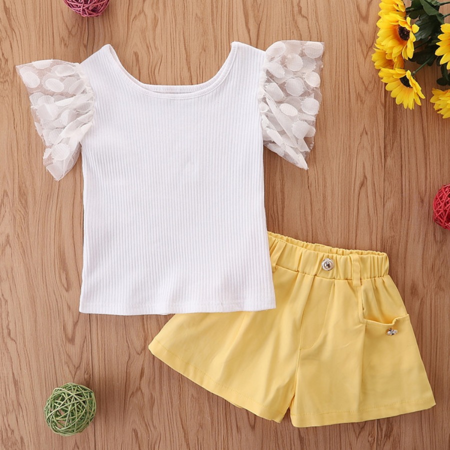 

Lovely Girl Casual Mesh Rib-Knit White Two Piece Shorts Set