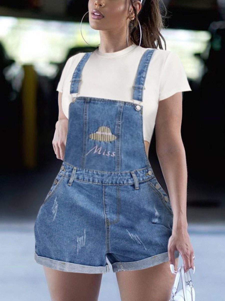 

LW Casual Letter Decoration Overall Blue Denim Shorts, Baby blue