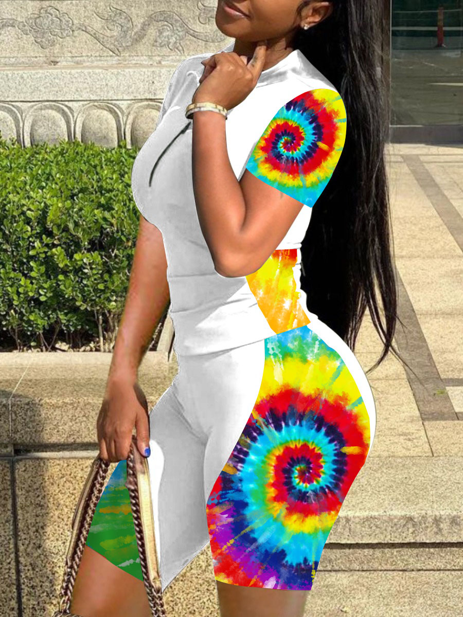 

Lovely Plus Size Casual O Neck Tie-dye White Two-piece Shorts Set