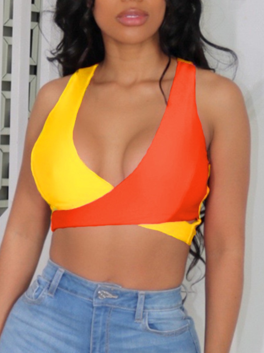 

Lovely Sexy U Neck Color-lump Yellow Camisole