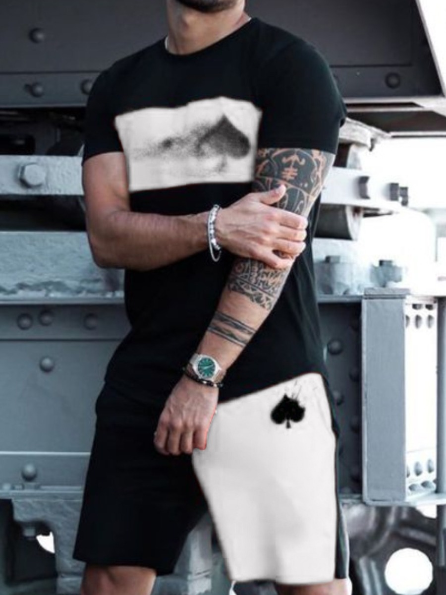 

Lovely Men Casual Color-lump Drawstring Black Two Piece Shorts Set, White