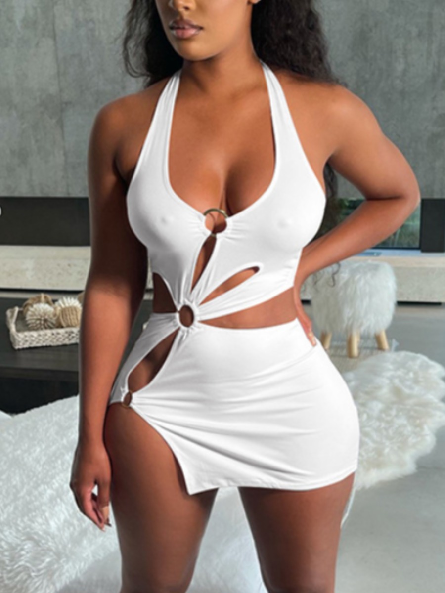 

Lovely Sexy Hollow-out Drawstring White Mini Dress